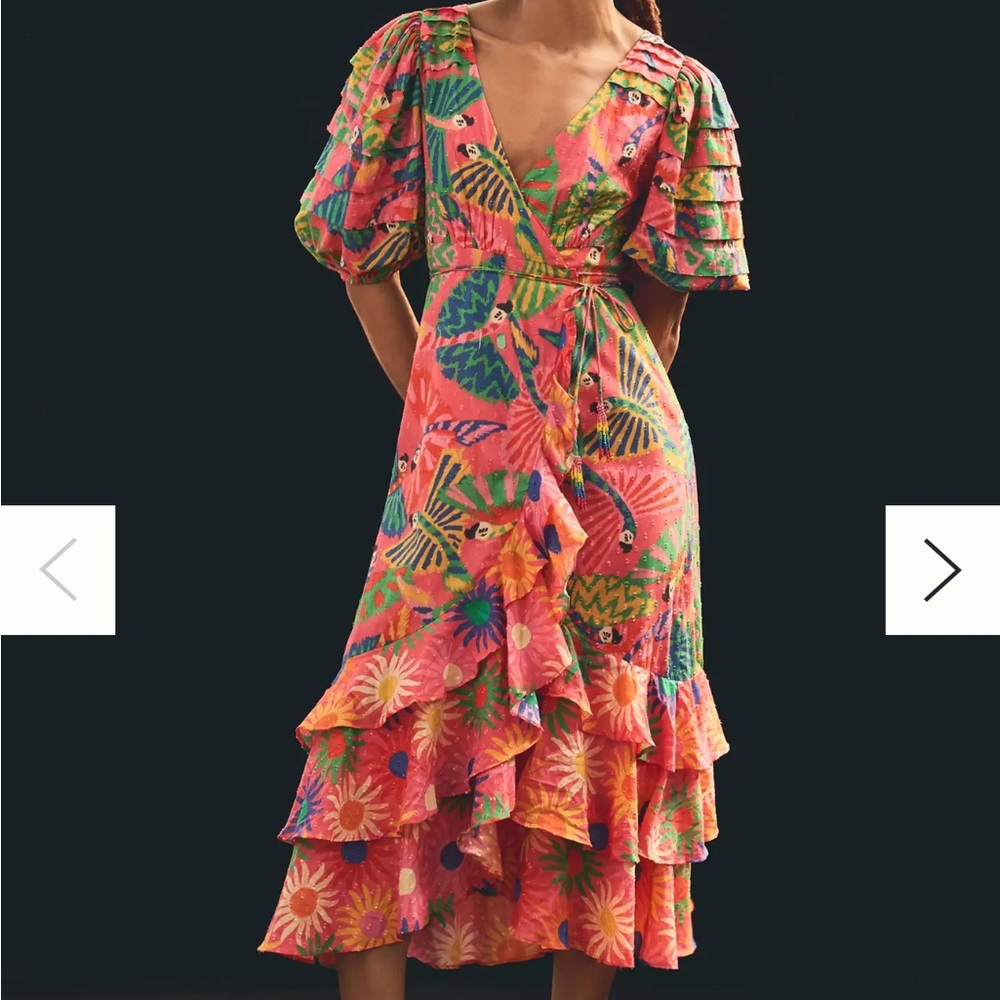 π *HOST PICK!* FARM Rio Macaw Pink Blue Ruffled Wrap Floral Boho Sundress L - Picture 4 of 16